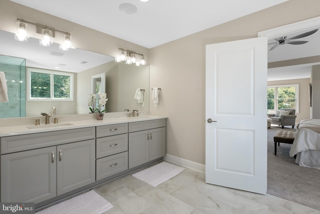 bathroom with vanity and ceiling fan