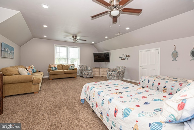 bedroom featuring light carpet, ceiling fan, and vaulted ceiling