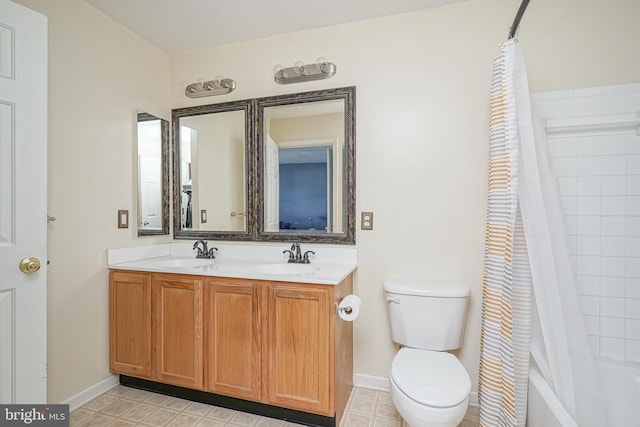 full bathroom featuring vanity, tile patterned flooring, shower / bathtub combination with curtain, and toilet