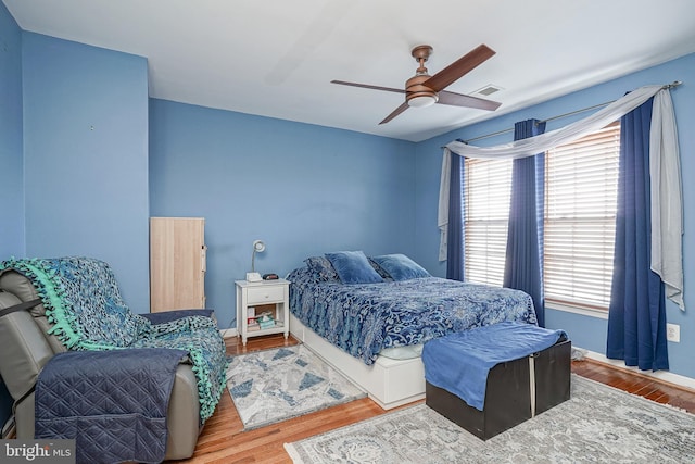 bedroom with ceiling fan and wood-type flooring