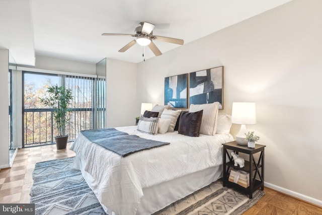 bedroom featuring light wood-type flooring and ceiling fan