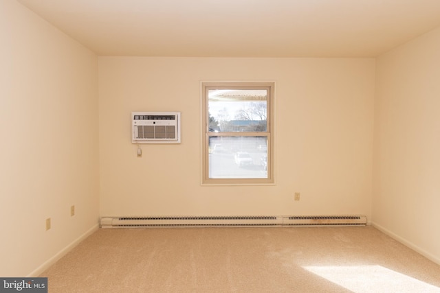 spare room with carpet, baseboard heating, and a wall unit AC