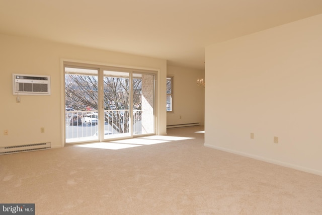 unfurnished living room featuring baseboard heating, carpet flooring, a chandelier, and a wall mounted air conditioner