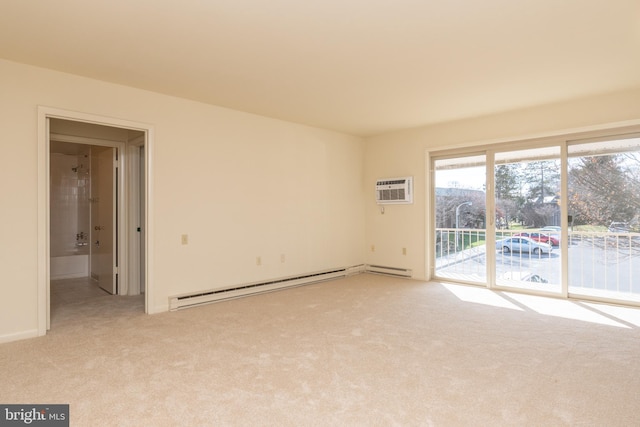 carpeted empty room featuring a wall unit AC and a baseboard heating unit