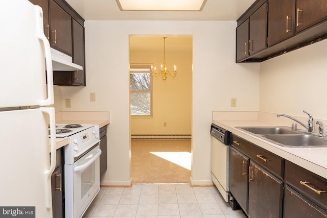 kitchen featuring white appliances, dark brown cabinetry, extractor fan, sink, and pendant lighting