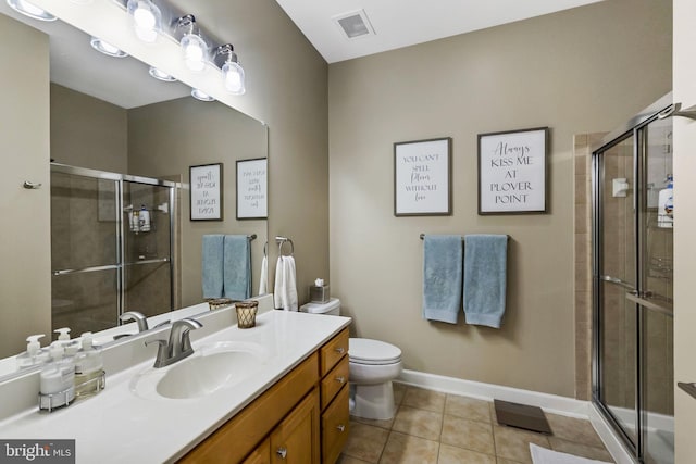 bathroom featuring tile patterned floors, vanity, toilet, and a shower with door