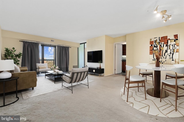 living room featuring light colored carpet