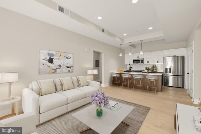 living room featuring a raised ceiling, light hardwood / wood-style flooring, and sink