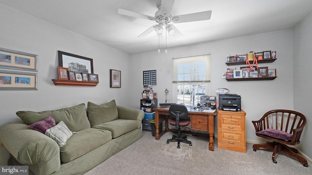 office featuring ceiling fan and carpet floors