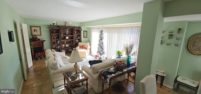 interior space with dark parquet floors