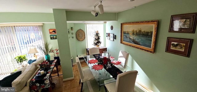 dining area with parquet flooring, track lighting, and a healthy amount of sunlight