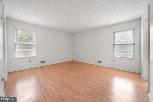 empty room featuring plenty of natural light, light hardwood / wood-style floors, and a textured ceiling