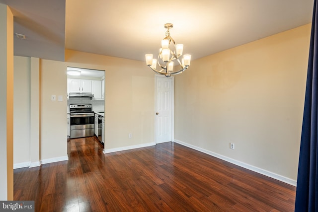 unfurnished dining area with dark hardwood / wood-style flooring and a notable chandelier