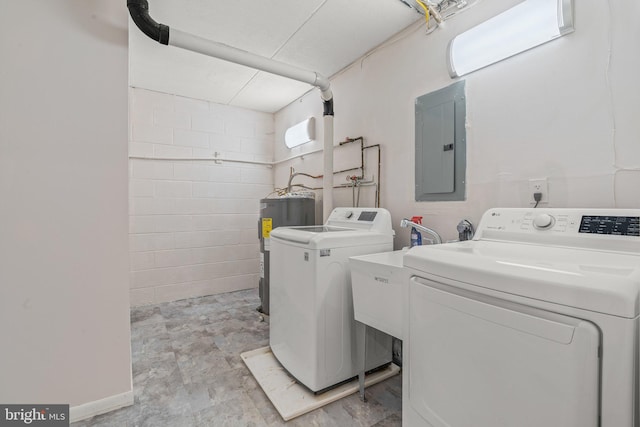 laundry area with separate washer and dryer, electric water heater, and electric panel