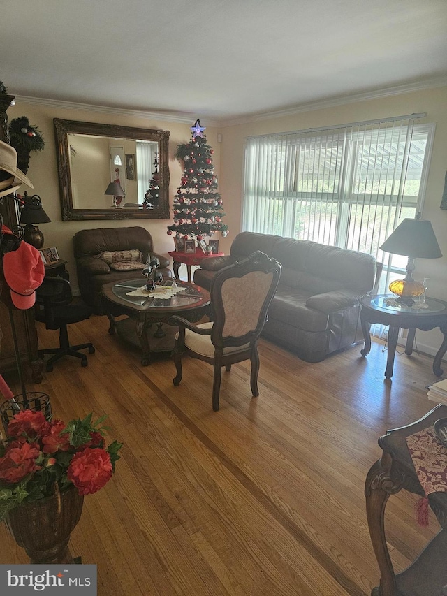 living room with wood-type flooring and ornamental molding