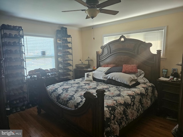 bedroom featuring ceiling fan, crown molding, and dark wood-type flooring