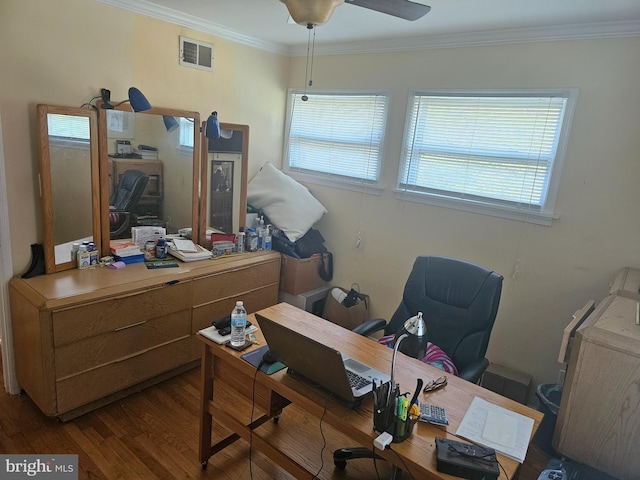 office featuring crown molding, hardwood / wood-style floors, and ceiling fan