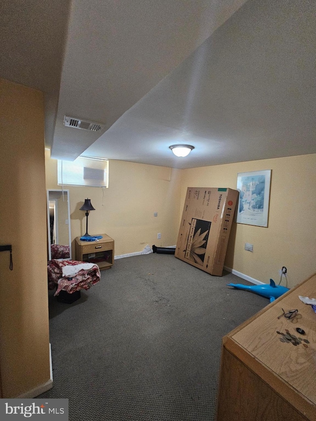 basement with carpet and a textured ceiling