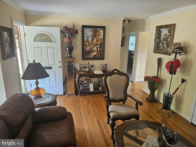 living room with light wood-type flooring and crown molding