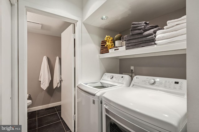 laundry area featuring washing machine and clothes dryer and dark tile patterned flooring