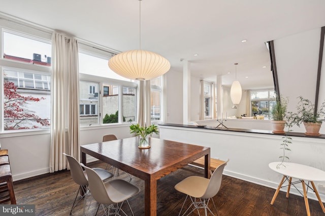 dining space with dark wood-type flooring