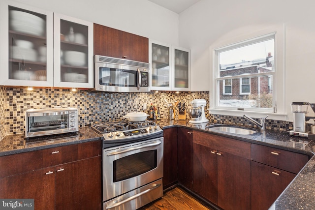 kitchen featuring dark brown cabinets, appliances with stainless steel finishes, sink, and decorative backsplash