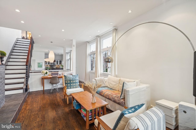 living room with dark hardwood / wood-style flooring