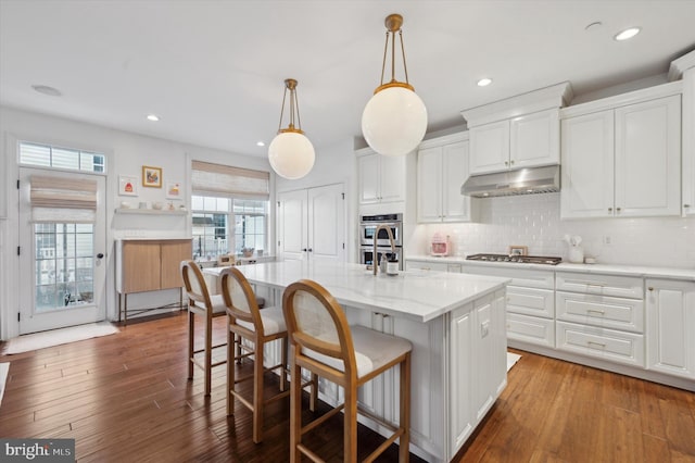 kitchen featuring light stone countertops, pendant lighting, wood-type flooring, a kitchen island with sink, and white cabinets