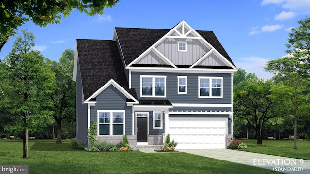 craftsman-style house featuring a garage and a front lawn