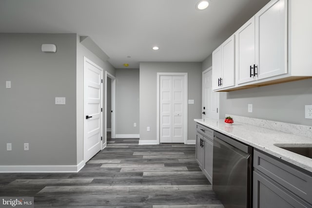 kitchen featuring white cabinetry, gray cabinets, light stone countertops, and dishwasher