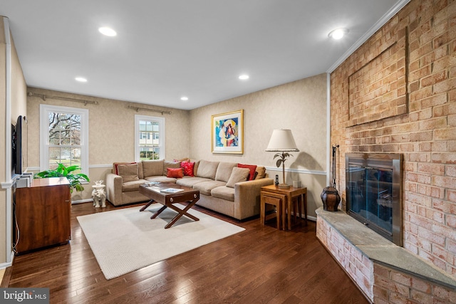 living room featuring a fireplace and dark hardwood / wood-style flooring