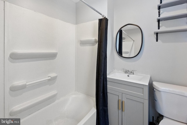 full bathroom featuring shower / bath combination with curtain, toilet, and vanity