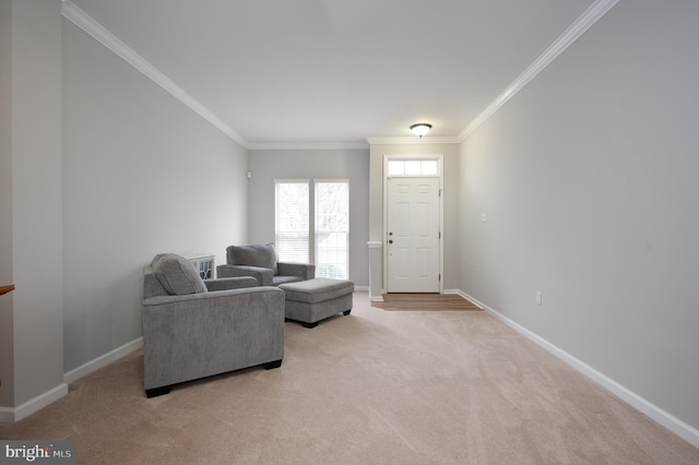 carpeted living room featuring crown molding