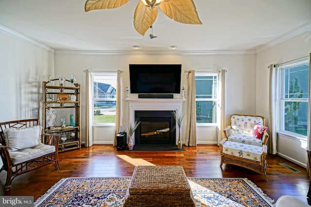 living area featuring crown molding and dark wood-type flooring