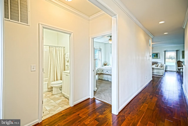 corridor featuring crown molding and dark wood-type flooring