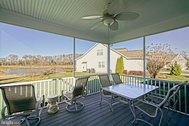 deck featuring a lawn, ceiling fan, and a water view