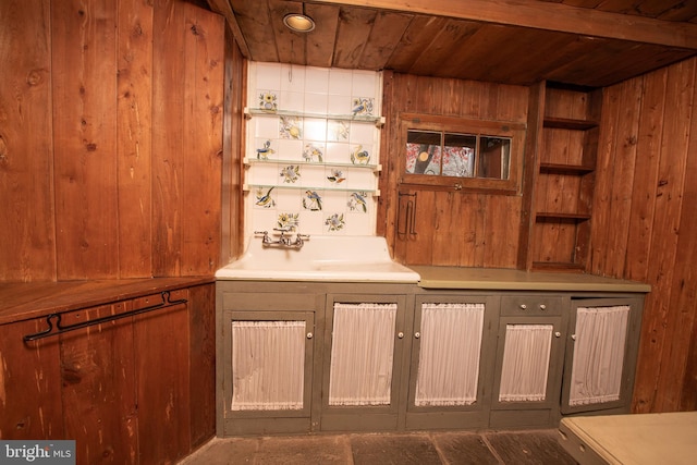 interior space featuring wooden walls and wooden ceiling