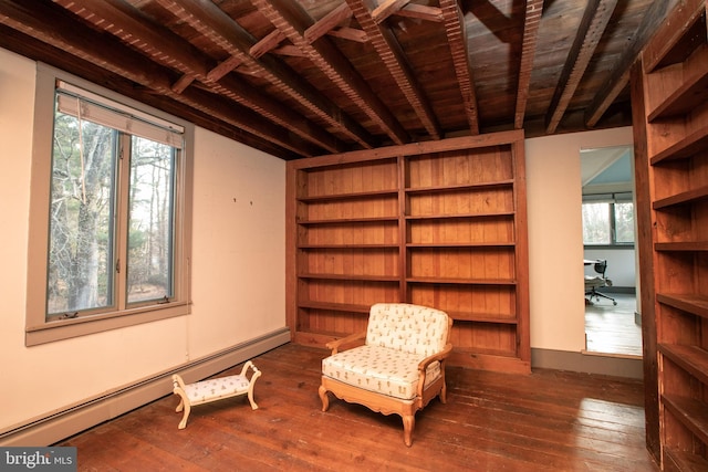 unfurnished room with beam ceiling, wooden ceiling, dark wood-type flooring, and a baseboard heating unit