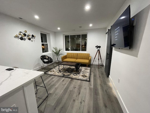 living room with a barn door and wood-type flooring