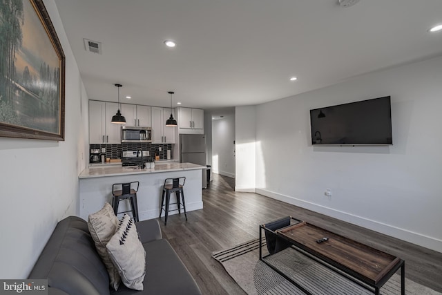 living room with dark hardwood / wood-style flooring