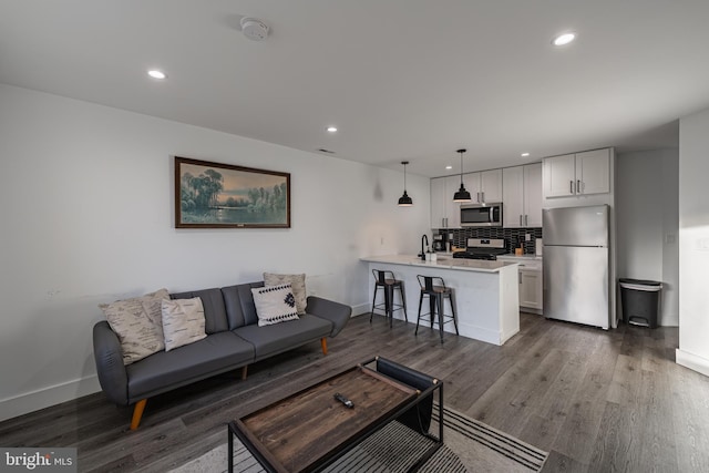 living room with sink and dark wood-type flooring