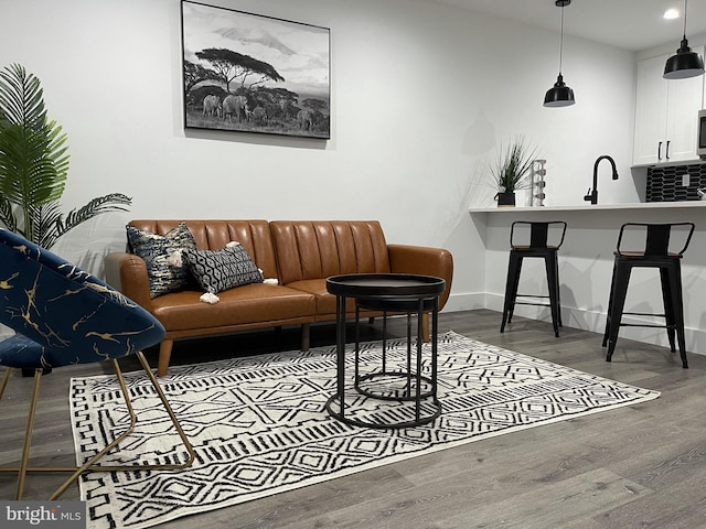 living room featuring hardwood / wood-style floors and sink