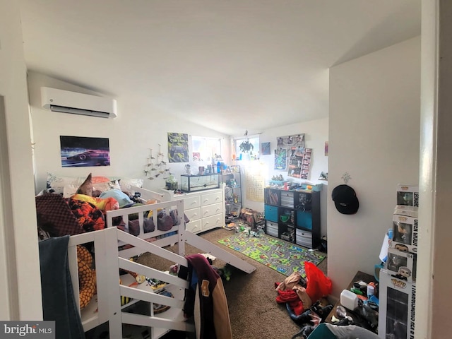 bedroom featuring carpet floors, an AC wall unit, and vaulted ceiling