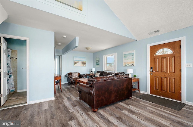 foyer with a textured ceiling, dark wood-type flooring, and vaulted ceiling