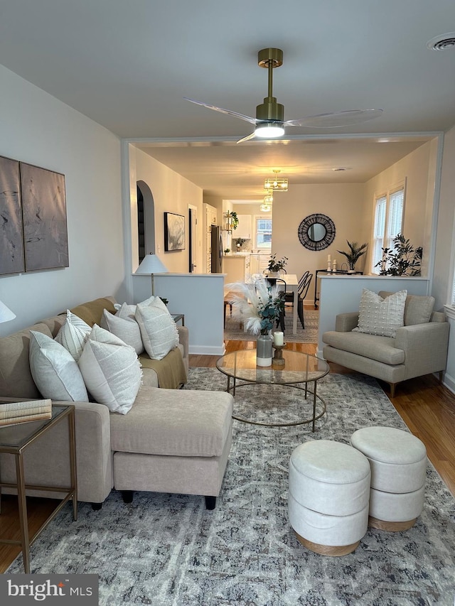 living room with ceiling fan and wood-type flooring