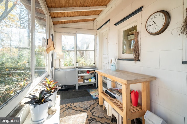 sunroom featuring lofted ceiling with beams and wooden ceiling