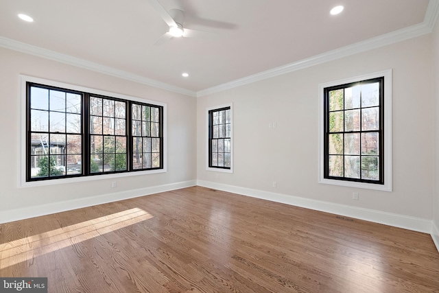 empty room with hardwood / wood-style floors, ceiling fan, and ornamental molding