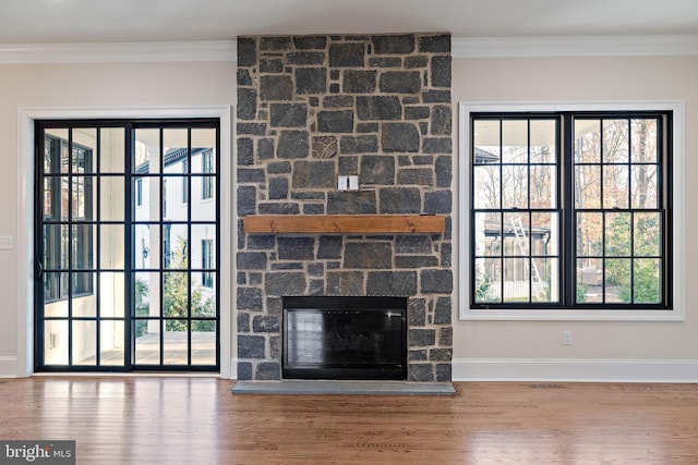 room details with crown molding, wood-type flooring, and a fireplace