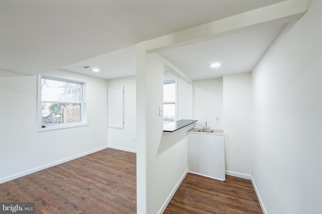 basement with dark hardwood / wood-style flooring and sink