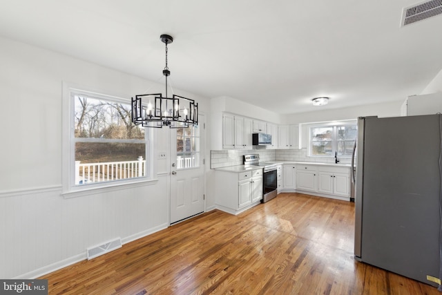 kitchen featuring light wood-type flooring, stainless steel appliances, white cabinetry, hanging light fixtures, and wood walls